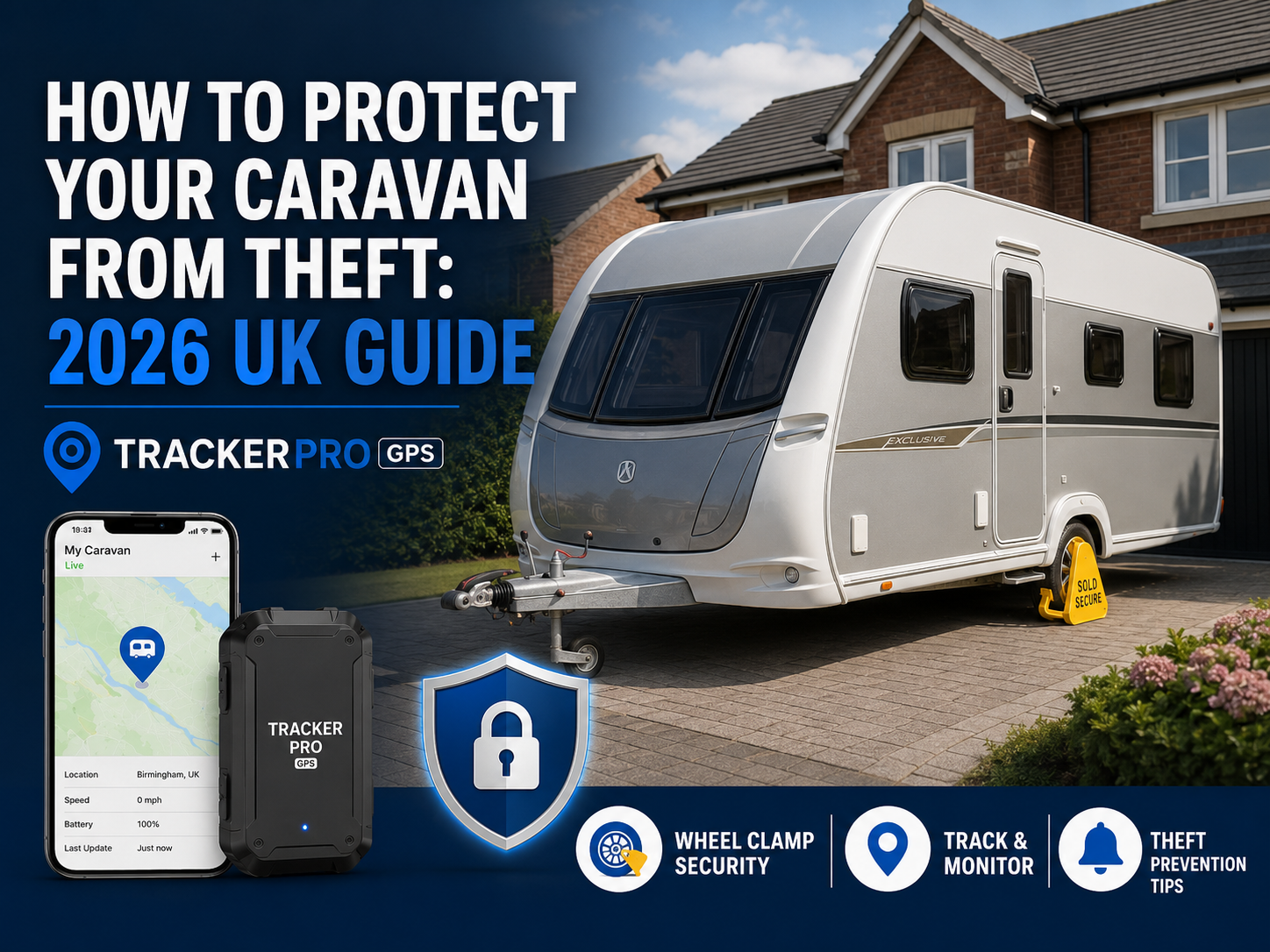 Caravan secured with a clamp and GPS tracker on a UK driveway