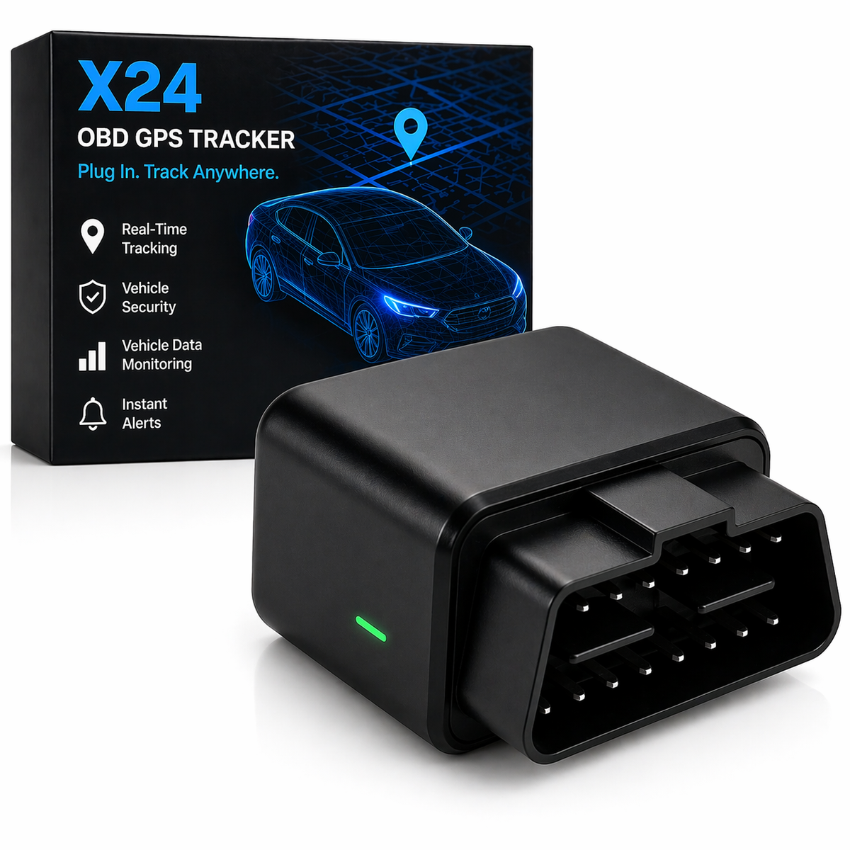 Black OBD GPS tracker with X24 packaging in the background