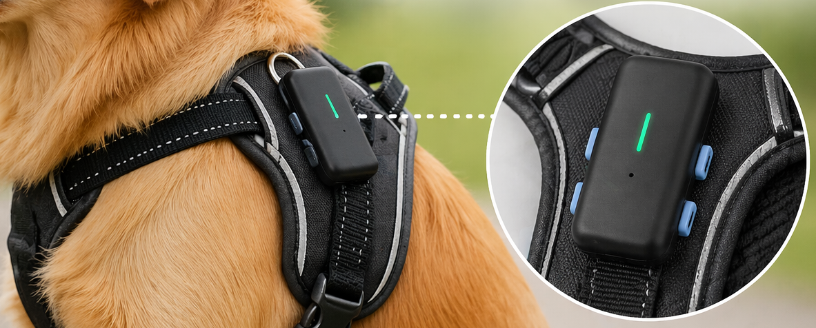 Dog wearing a black dog GPS tracker harness with text highlighting features.