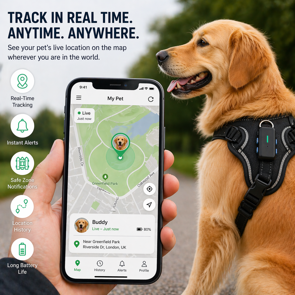Dog wearing a GPS tracker with a smartphone displaying a pet tracking app.