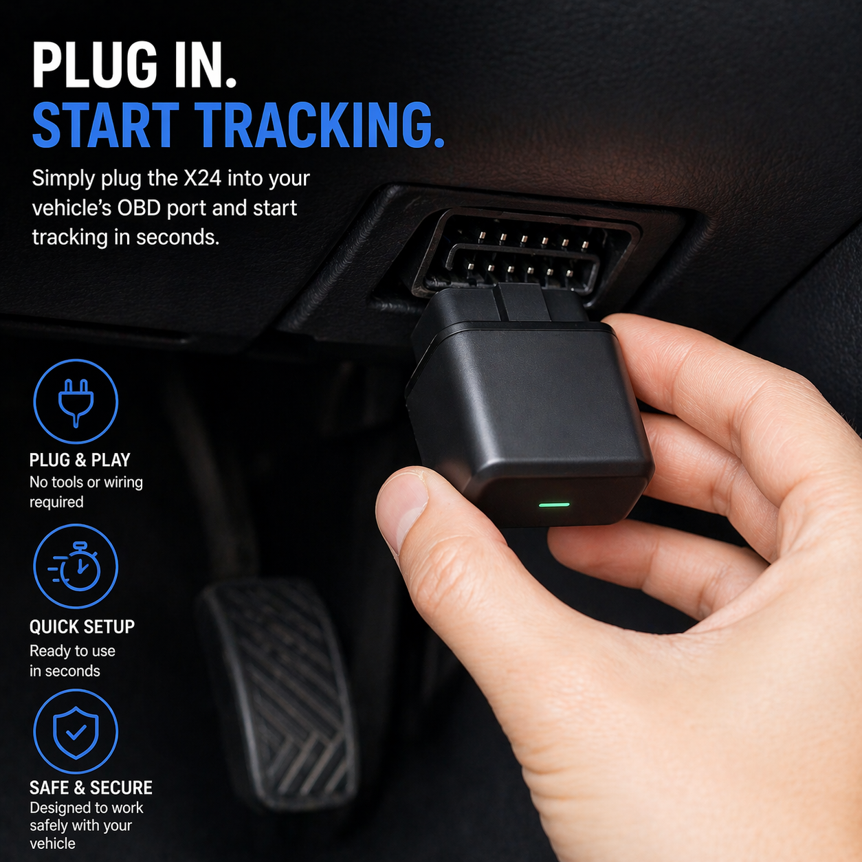Hand plugging a device into a vehicle's OBD port with text on plug and play, quick setup, safety, and security.