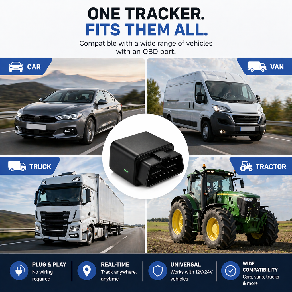 GPS tracker  compatible with cars, vans, trucks, and tractors on a scenic road background.