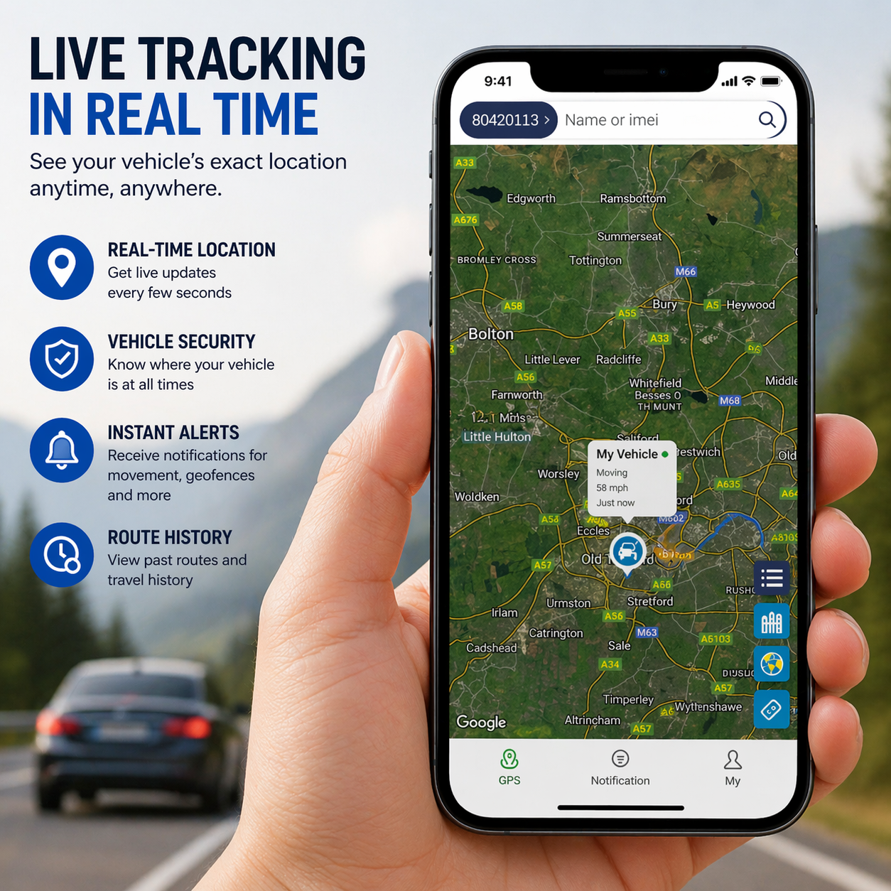 GPS tracker live tracking Hand holding a smartphone with a location tracking app displayed, showing real-time vehicle location on a map.