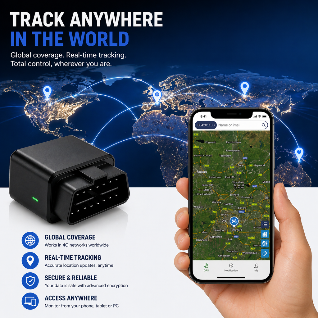 Black GPS tracker device with smartphone displaying map app on world map background