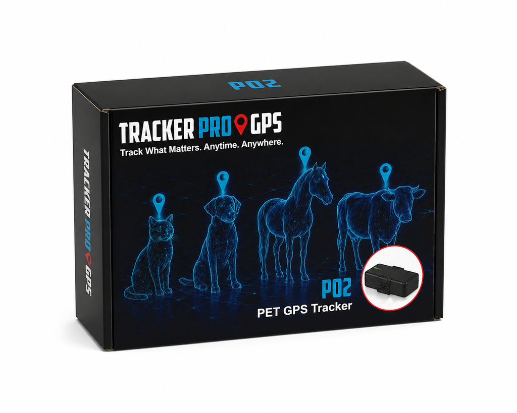 Tracker Pro GPS packaging box with illustrations of animals and text on a black background