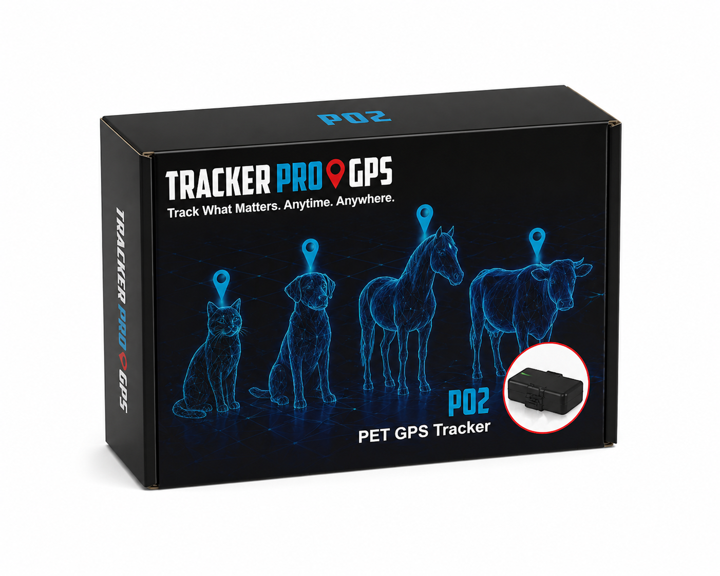 Tracker Pro GPS packaging box with illustrations of animals and text on a black background