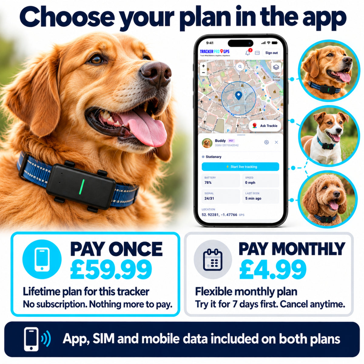 P02 Dog GPS Tracker – Pay Once for Life or Monthly
