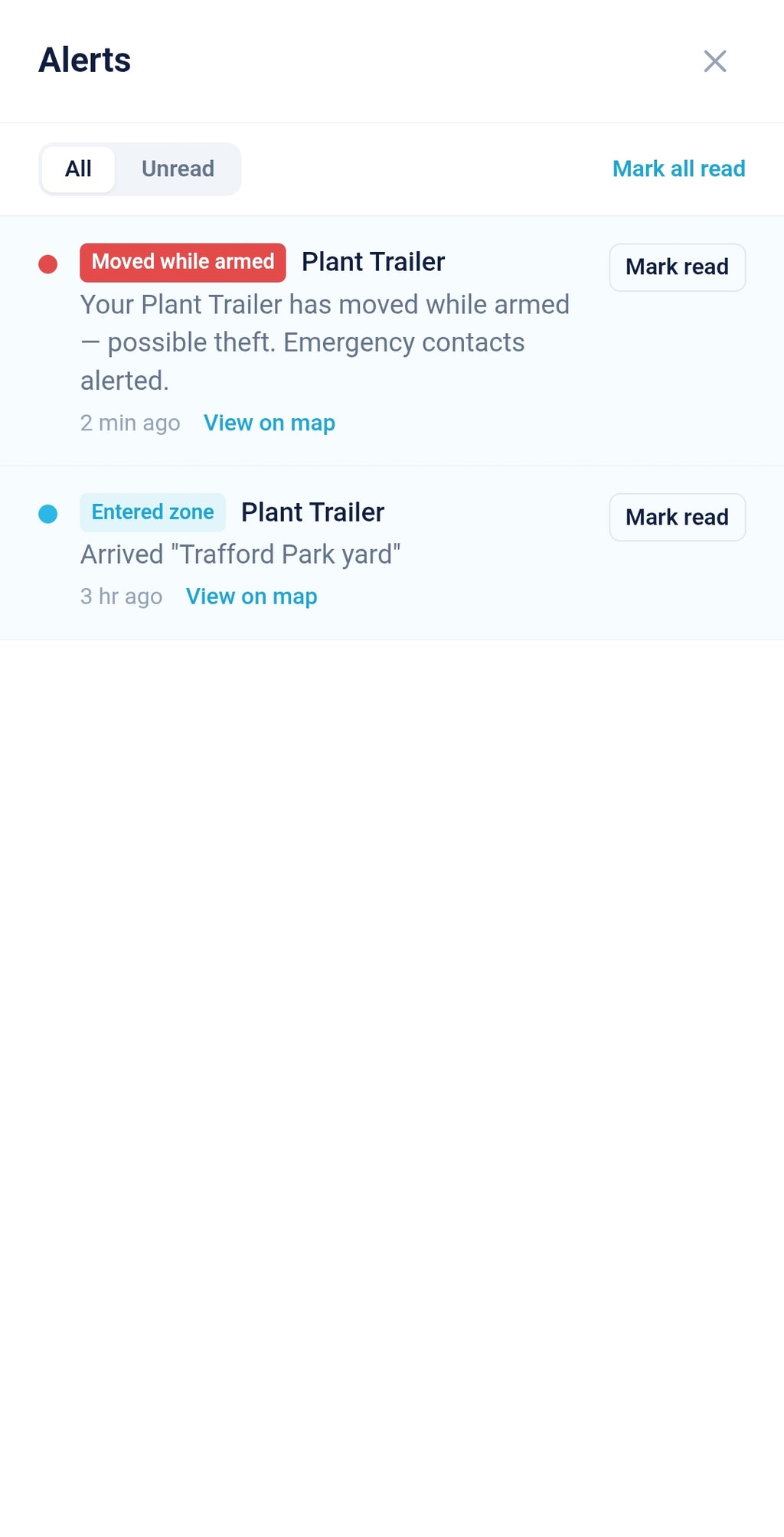 List of alerts for a plant trailer with messages about movement and arrival.