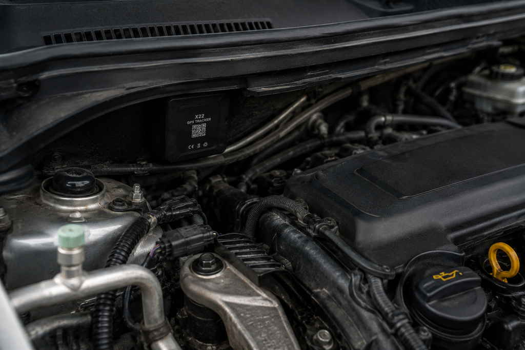 GPS tracking hidden Close-up of a car engine with various components visible