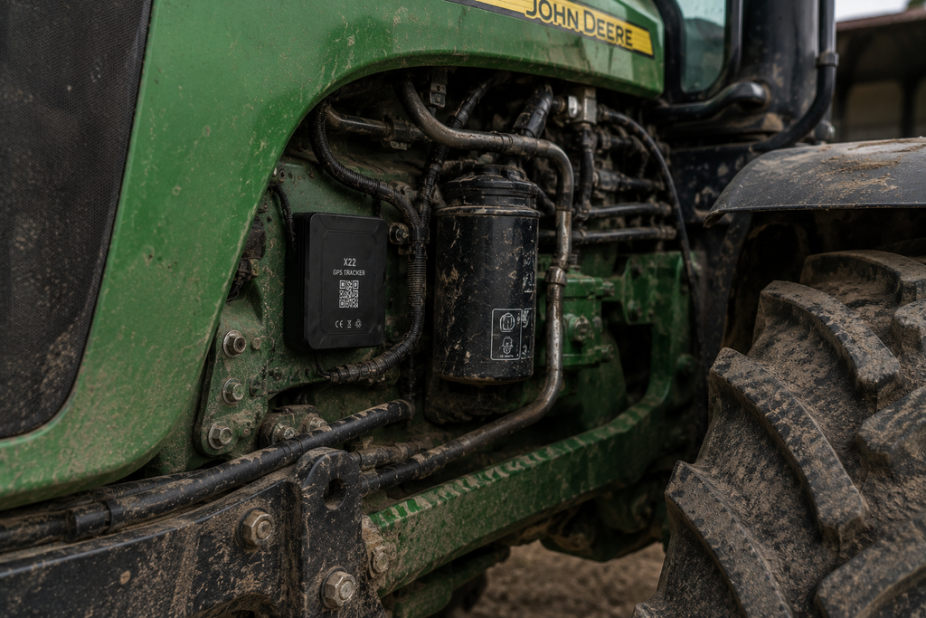 GPS tracker Close-up of a John Deere tractor with visible branding and mechanical components.