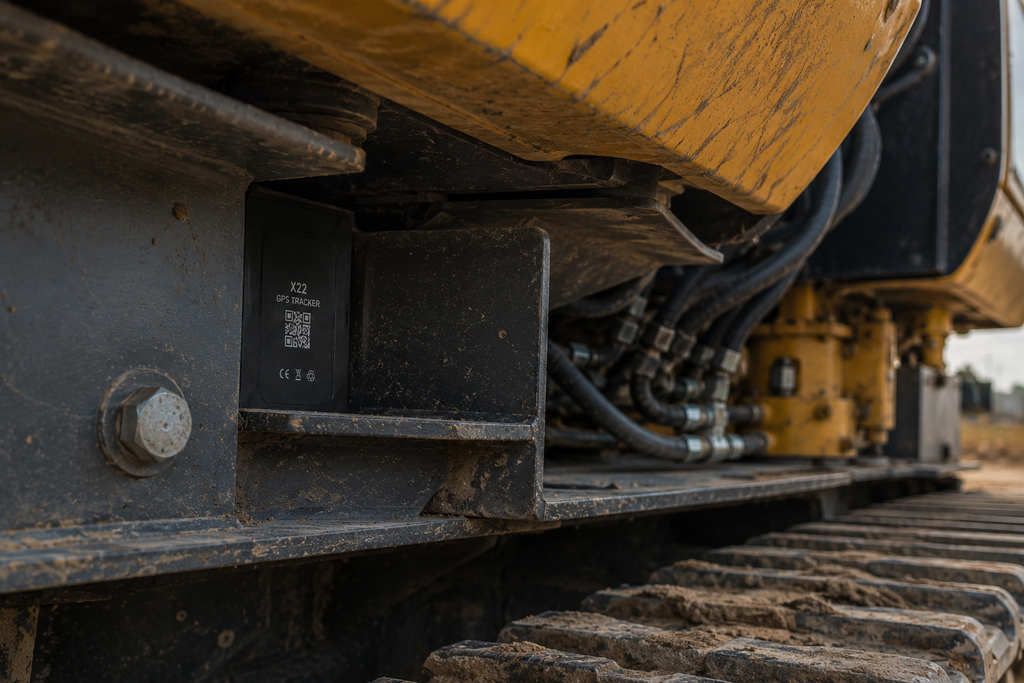 Close-up of a construction vehicle's undercarriage with tracks and mechanical components.