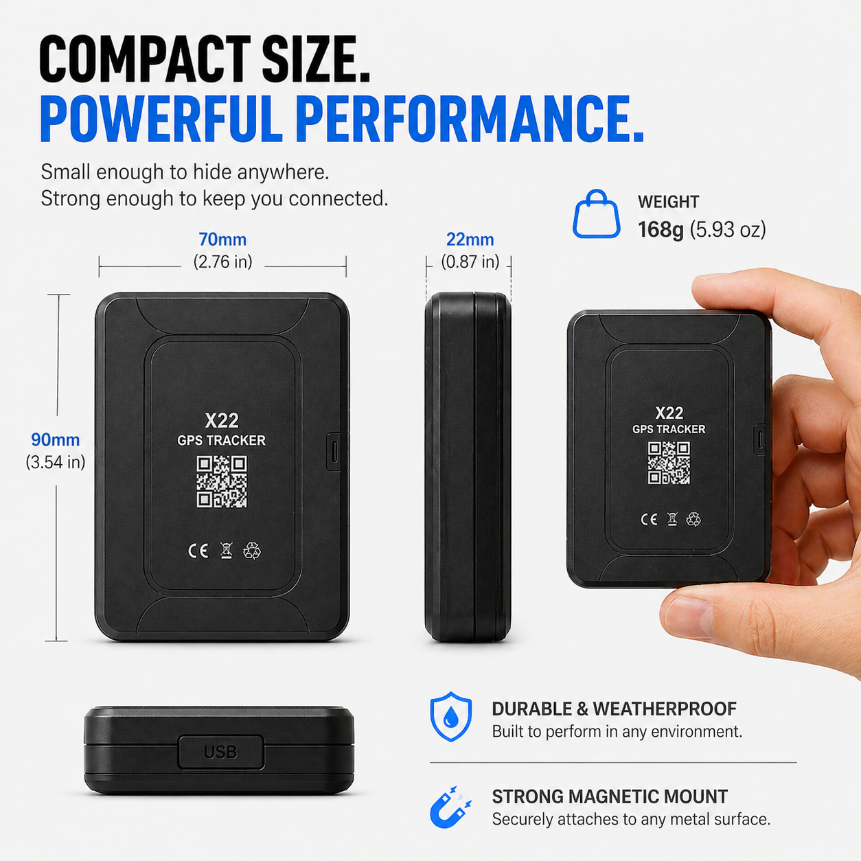 Black GPS tracker with dimensions, weight, and features on a white background