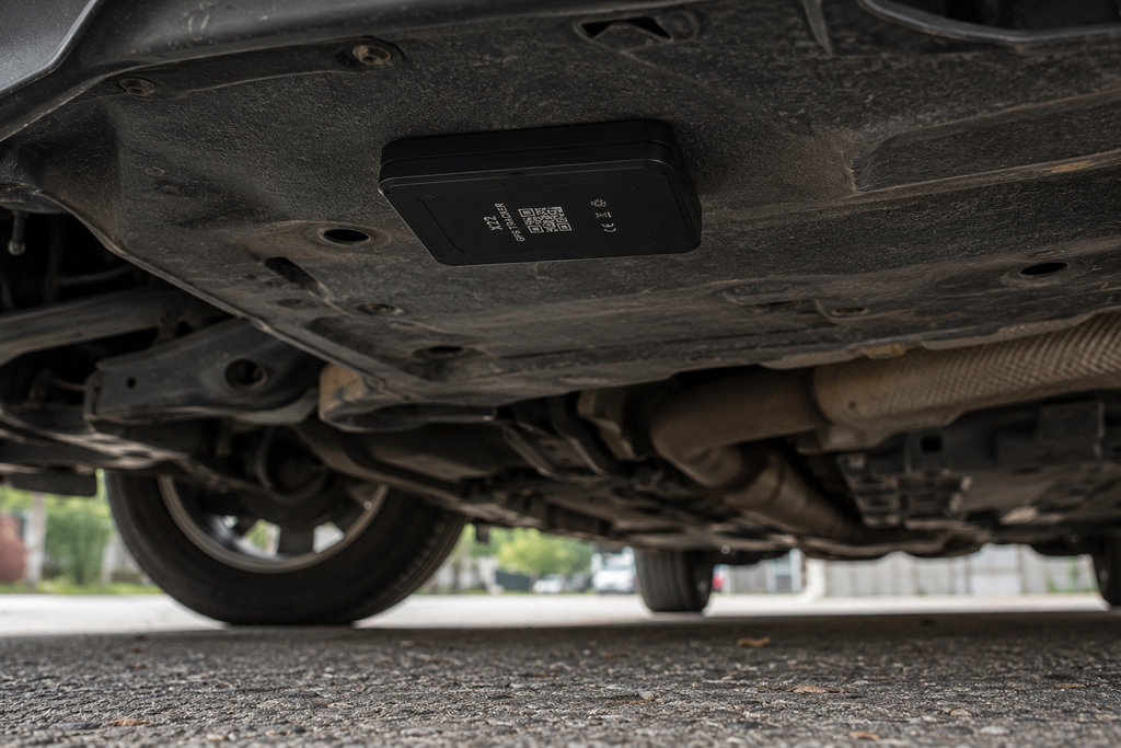 GPS tracker hidden on a cars Undercarriage of a vehicle with a visible license plate on a road.