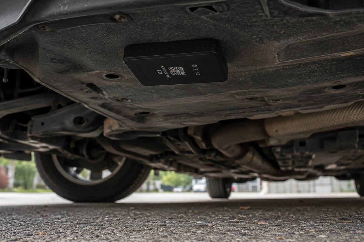 GPS tracker hidden on a cars Undercarriage of a vehicle with a visible license plate on a road.