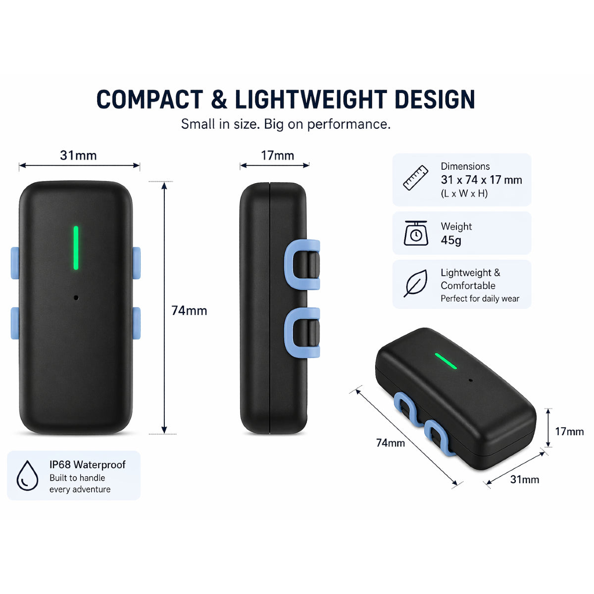 GPS tracker Compact and lightweight device with dimensions and features displayed on a white background