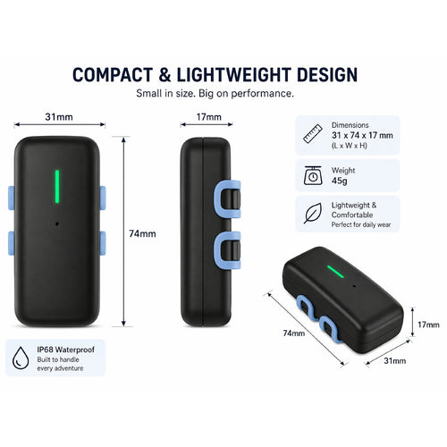 GPS tracker Compact and lightweight device with dimensions and features displayed on a white background