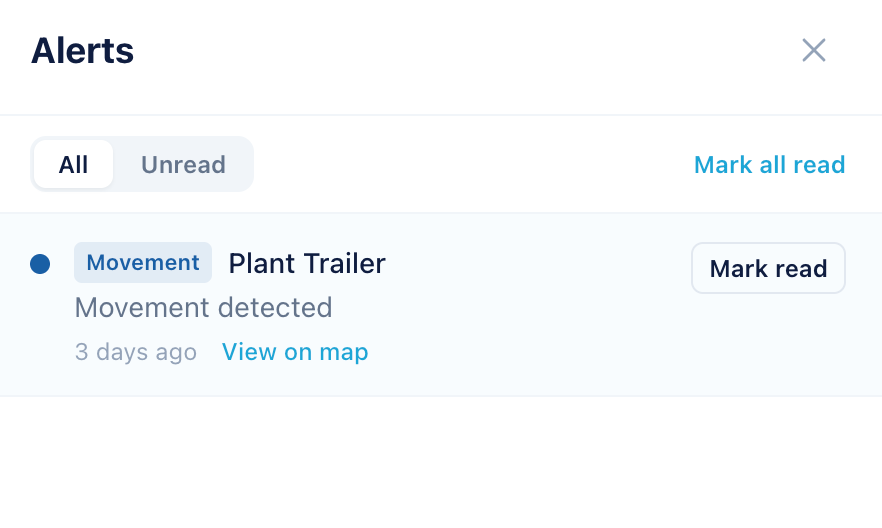 Alerts screen with a detected movement of a plant trailer on a map.