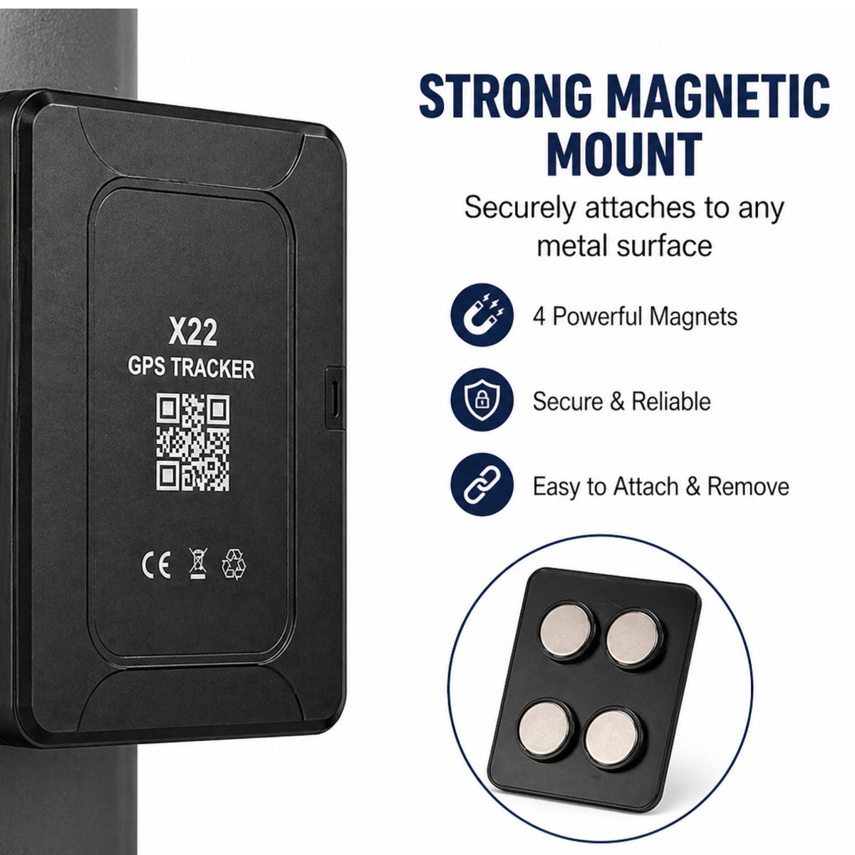 X22 GPS Tracker with strong magnetic mount features on a white background
